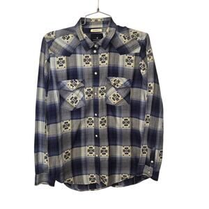 American Eagle Womens Boyfriend Fit Blue Southwestern Pearl Snap Top Medium